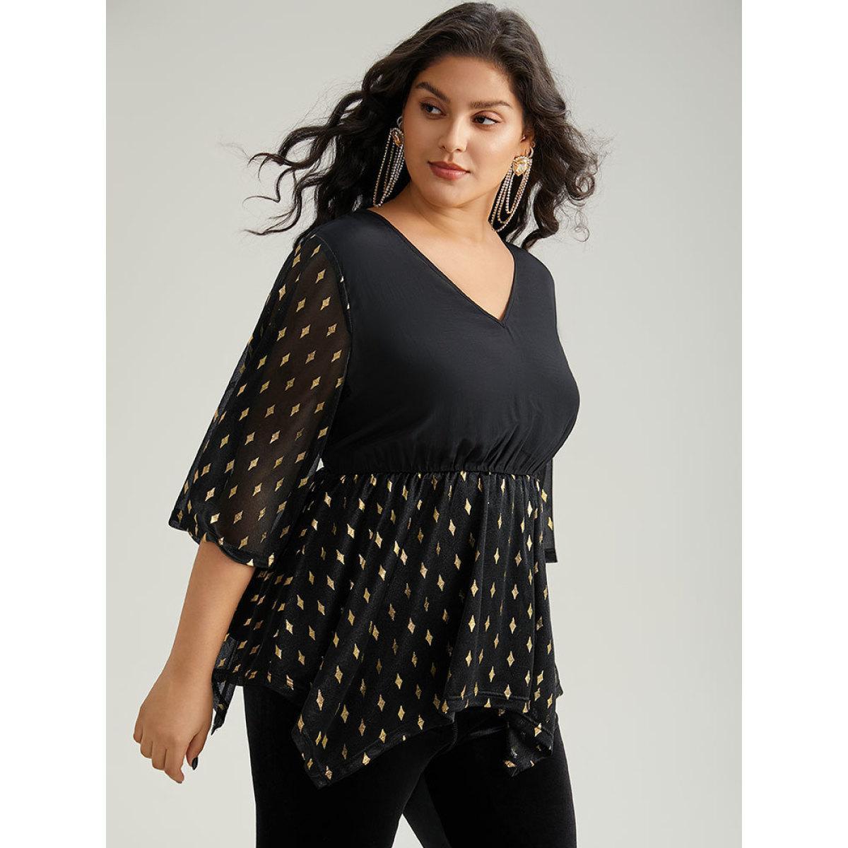 Plus Size Black Glitter Patchwork Mesh Hanky Hem Blouse Women Glamour Elbow-length sleeve V-neck Festival-Christmas Blouses BloomChic 28/5X Product Image