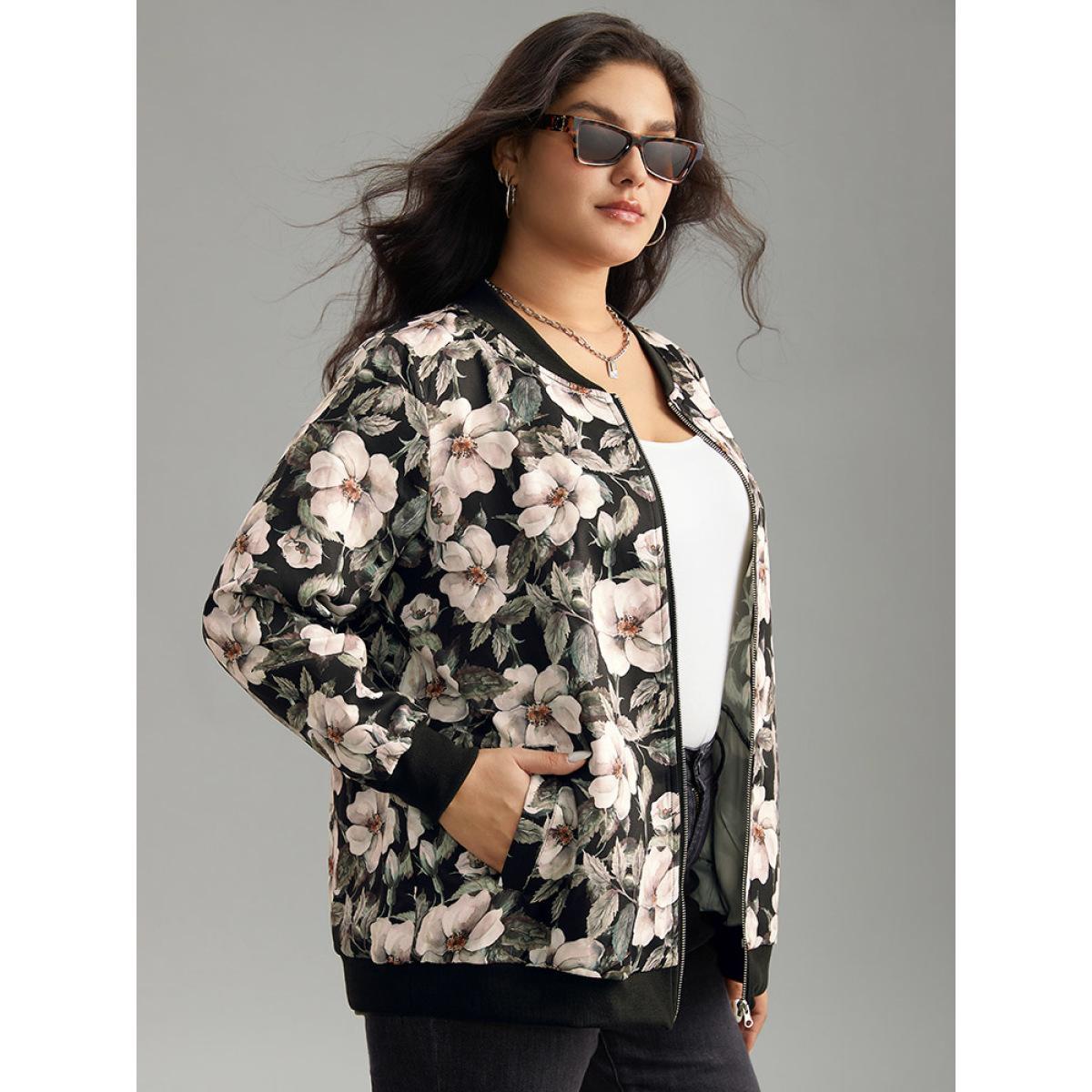 Plus Size Floral Print Patchwork Zipper Jacket Women BlackFlower Elastic cuffs Pocket Everyday Jackets BloomChic 28/5X Product Image