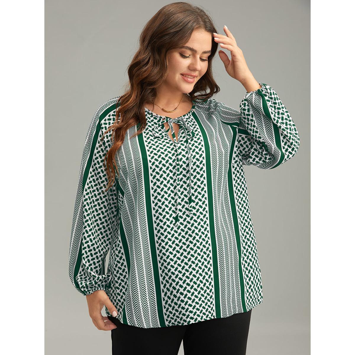 Plus Size DarkGreen Geo Striped Tie Lantern Sleeve Blouse Women Resort Long Sleeve Tie Neck Vacation Blouses BloomChic 22-24/3X Product Image