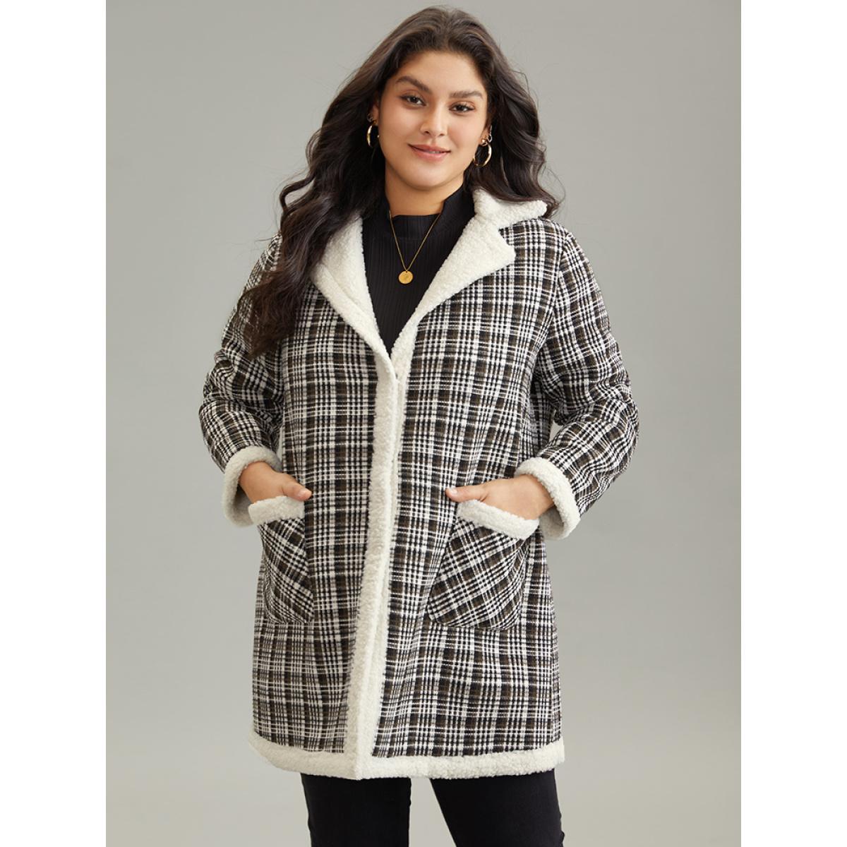 Plus Size Plaid Fuzzy Trim Patchwork Lapel Collar Pocket Coat Women Black Casual Contrast Ladies Everyday Winter Coats BloomChic 18-20/2X Product Image