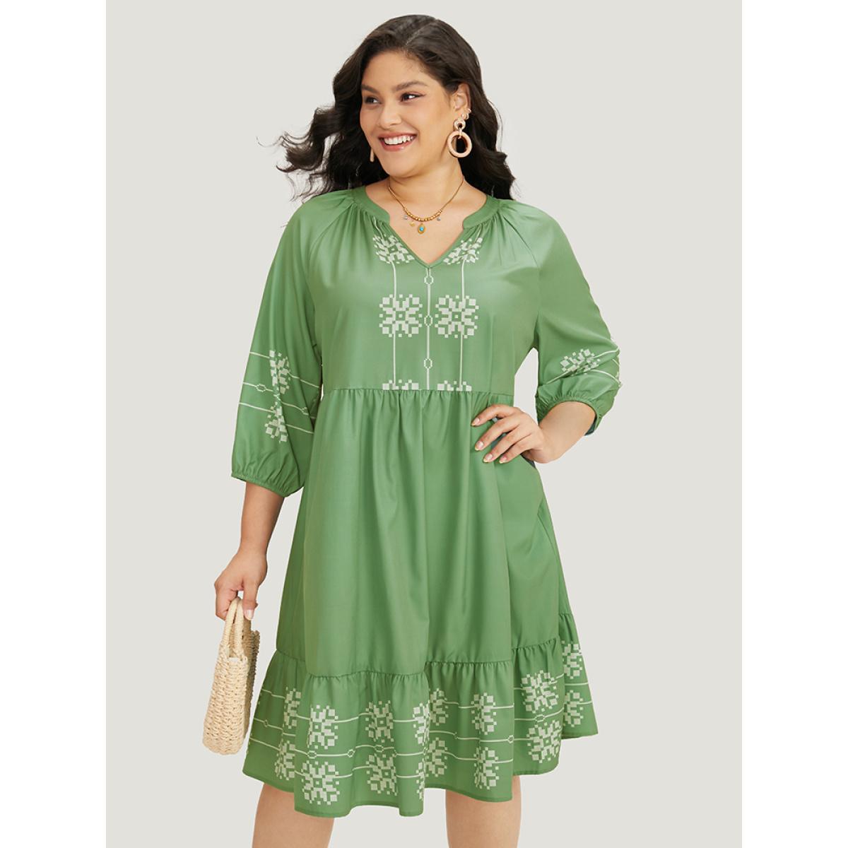 Plus Size Bandana Print Notched Layered Hem Elastic Cuffs Dress Mint Women Vacation Elastic cuffs Notched collar Elbow-length sleeve Curvy Midi Dress BloomChic 30/6X Product Image