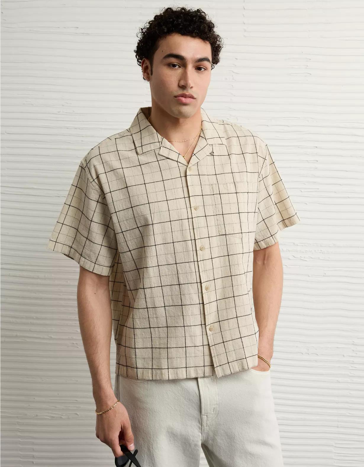 AE Poolside Linen-Blend Plaid Button-Up Shirt Product Image