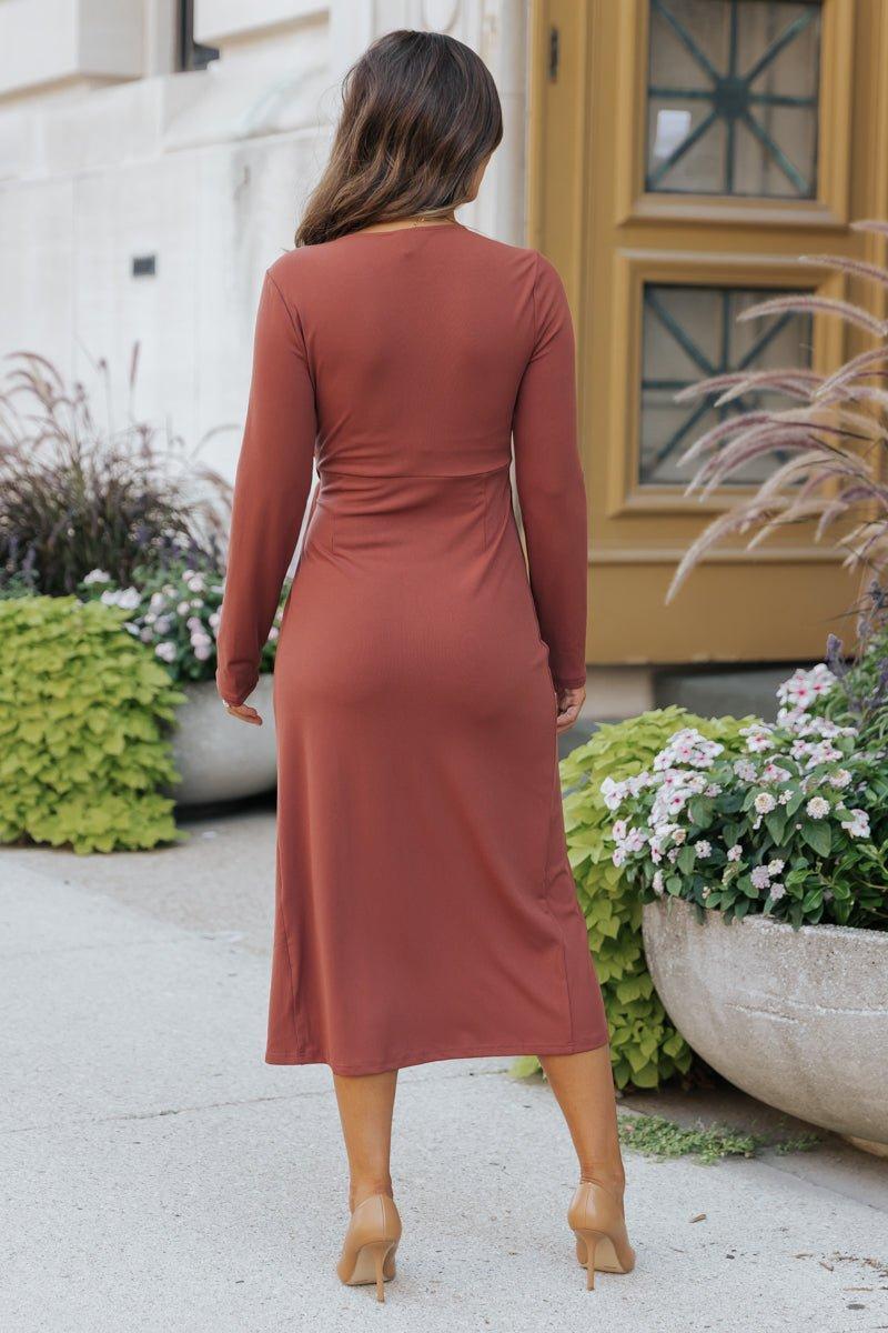 Surplice Ribbed Midi Wrap Dress - Brick - FINAL SALE Female Product Image
