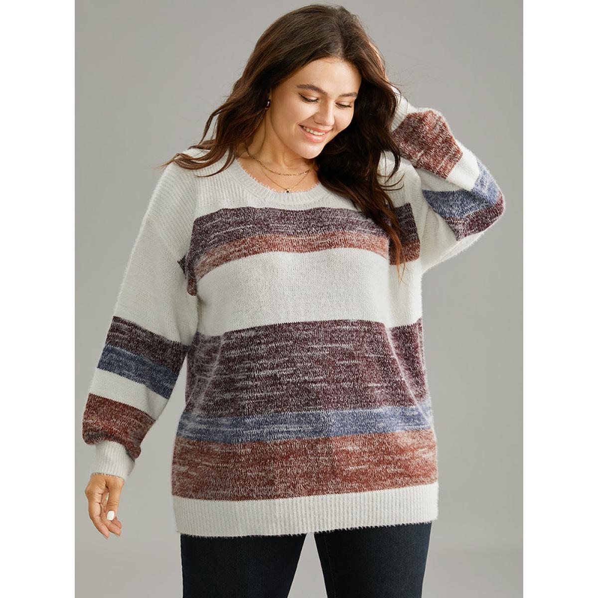Plus Size Colorblock Fuzzy Drop Shoulder Pullover Multicolor Women Casual Loose Long Sleeve Round Neck Dailywear Pullovers BloomChic 10/M Product Image