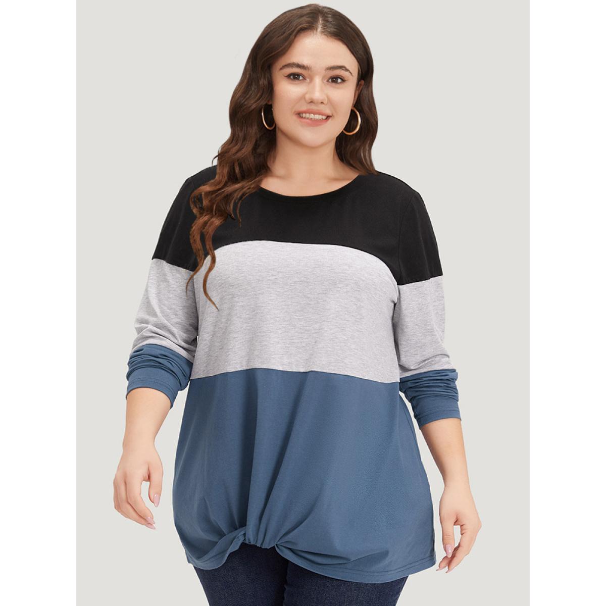 Plus Size Round Neck Twist Front Patchwork Contrast T-shirt Multicolor Women Casual Contrast Plain Round Neck Dailywear T-shirts BloomChic 18-20/2X Product Image