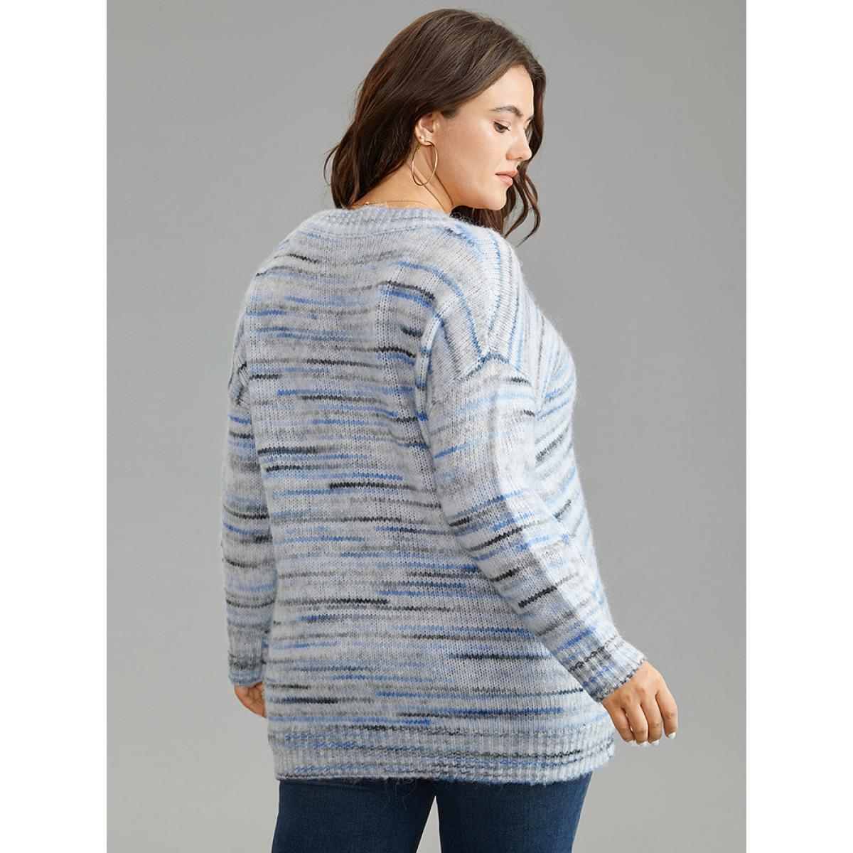 Plus Size Ombre Heather Drop Shoulder Pullover LightBlue Women Casual Loose Long Sleeve V-neck Everyday Pullovers BloomChic 10/M Product Image