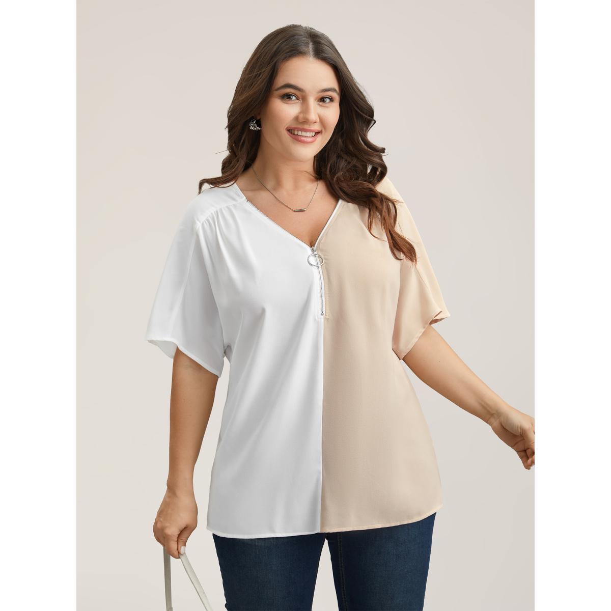 Plus Size Multicolor Sheer Zipper-Front V-Neck Shirt Women At the Office Short sleeve V-neck Work Blouses BloomChic 10/M Product Image
