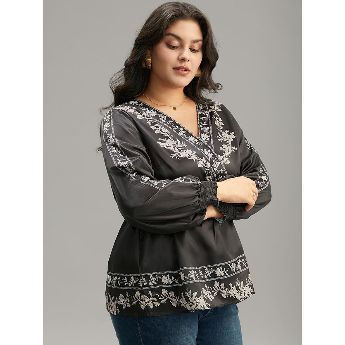 Plus Size BlackFlower Boho Print Shirred Lantern Sleeve Blouse Women Resort Long Sleeve V-neck Vacation Blouses BloomChic 10/M Product Image