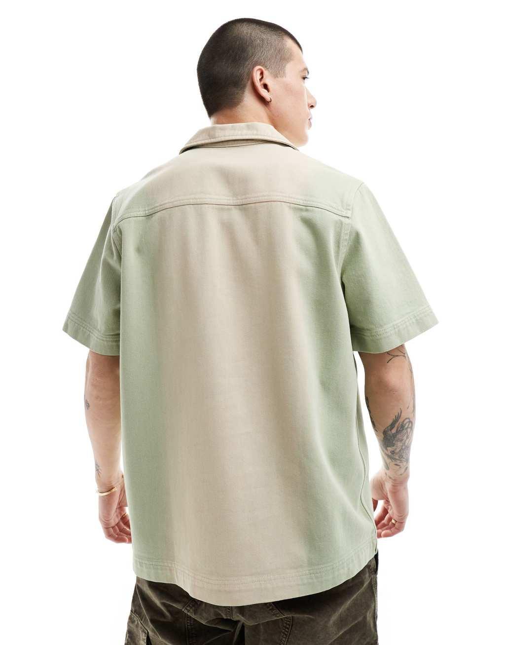 ASOS DESIGN short sleeve relaxed camp denim shirt in green ombre wash Product Image