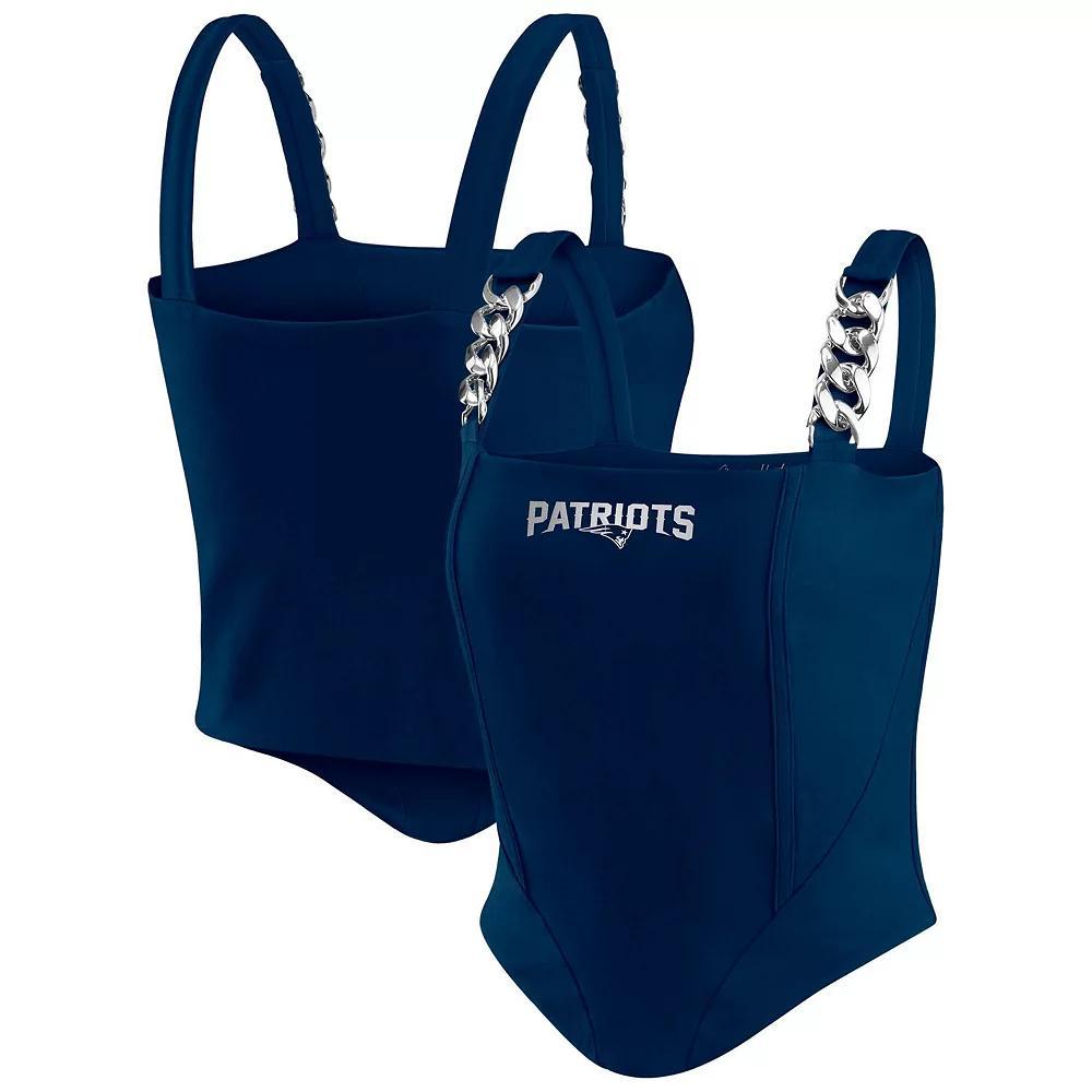 Women's WEAR by Erin Andrews x Gracie Hunt Navy Denver Broncos Chain Link Corset Top, Size: Medium, Blue Product Image