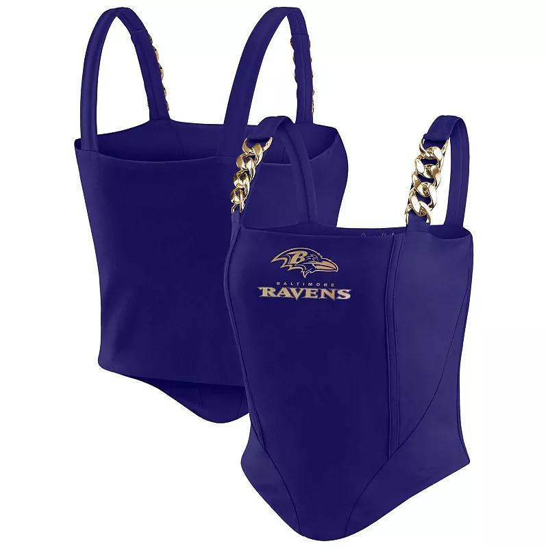 Women's WEAR by Erin Andrews x Gracie Hunt Navy Denver Broncos Chain Link Corset Top, Size: Medium, Blue Product Image