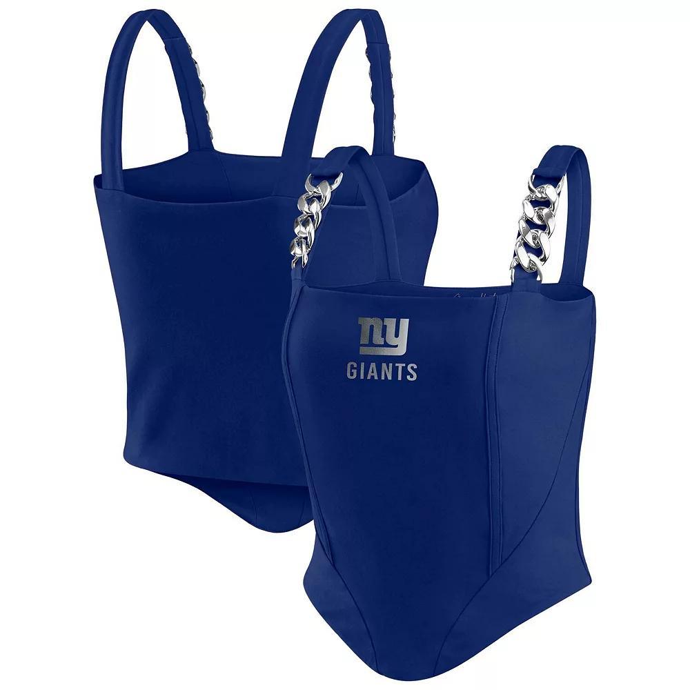 Women's WEAR by Erin Andrews x Gracie Hunt Navy Denver Broncos Chain Link Corset Top, Size: Medium, Blue Product Image