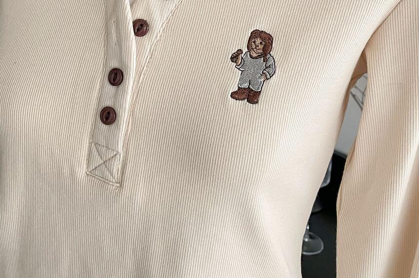 Long-Sleeve Henley Bear Embroidered Tee Product Image