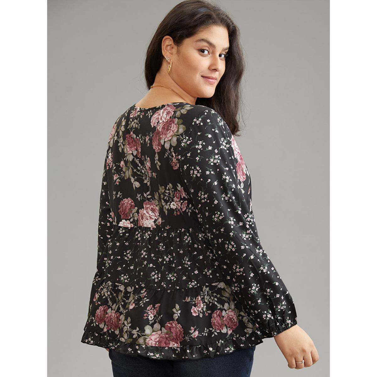 Plus Size Black Floral Knot Neck Lantern Sleeve Ruffle Layered Hem Blouse Women Elegant Long Sleeve Tie Neck Vacation Blouses BloomChic 18-20/2X Product Image