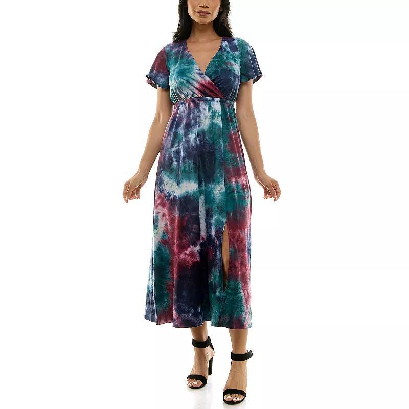 Women's Nina Leonard Tie Dye Print Flutter Sleeve V-Neck Maxi Dress, Size: Small, Grey Team Product Image