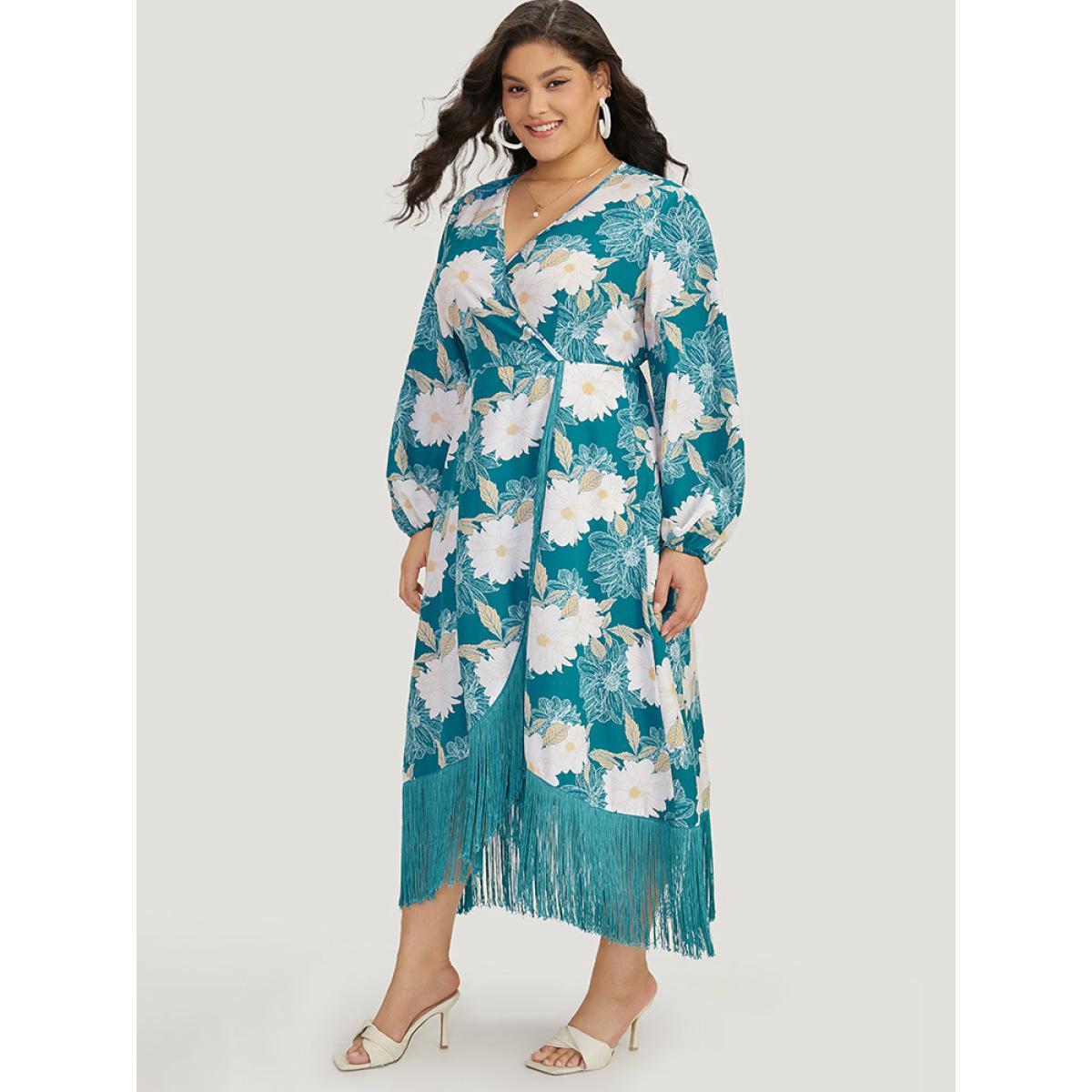 Plus Size Floral Print Wrap Tassel Trim Lantern Sleeve Dress Cerulean Women Elegant Elastic cuffs V-neck Long Sleeve Curvy Midi Dress BloomChic 12/L Product Image