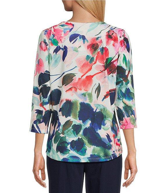 Allison Daley Embellished Inky Floral Print 3/4 Sleeve Crew Neck Knit Top Product Image