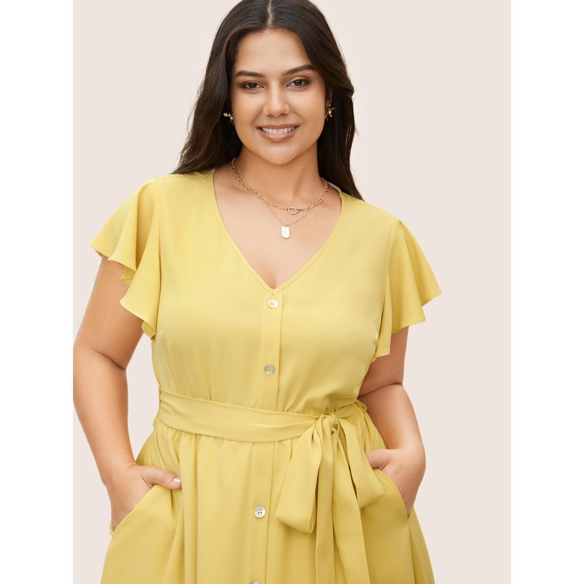 Plus Size Citrus Solid Ruffle Cap Sleeve Button Detail Dress Yellow Women Elegant Belted V-neck Cap Sleeve Curvy Midi Dress BloomChic 12/L Product Image