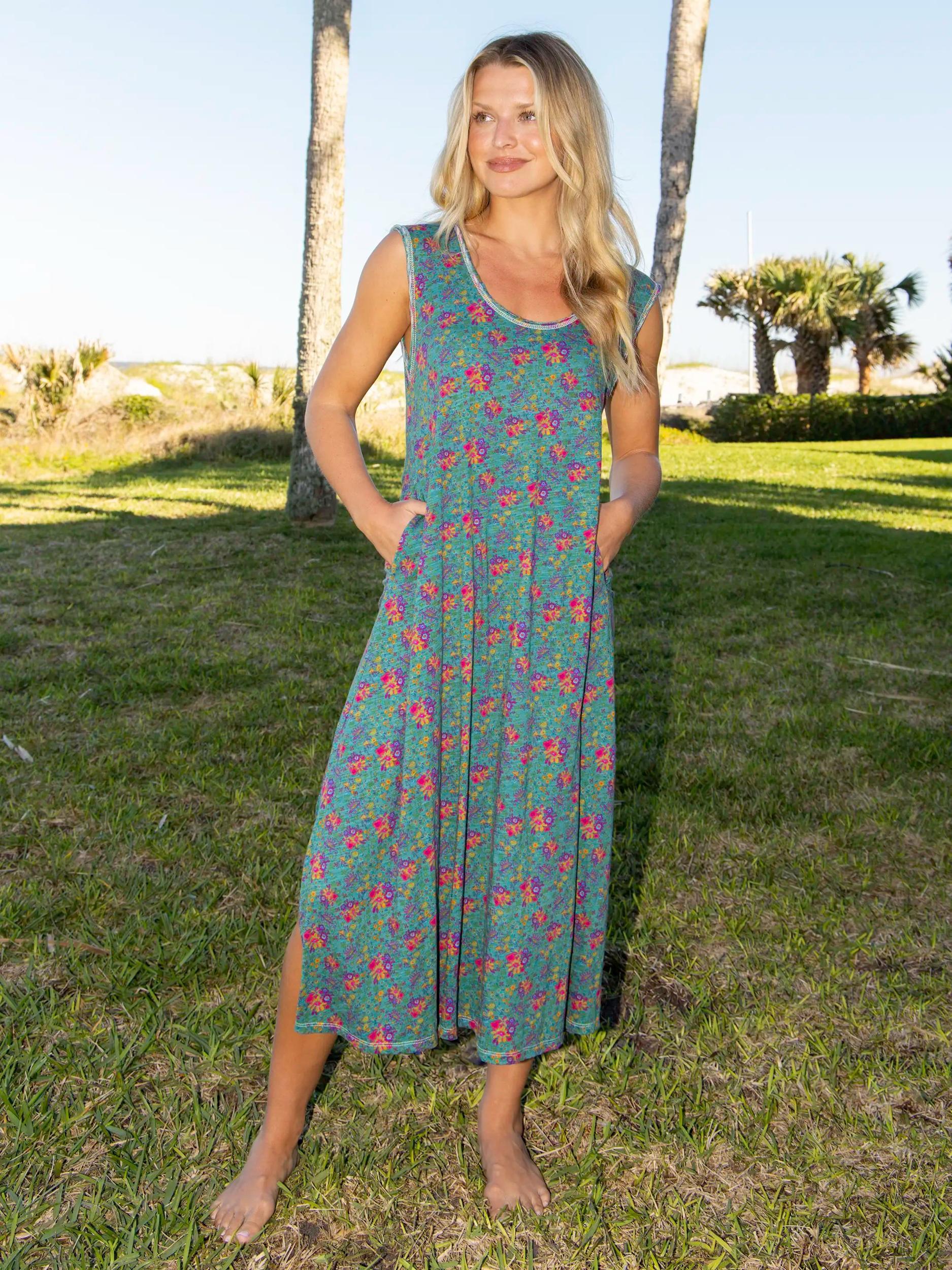 Hangout Cotton Midi Dress - Turquoise Floral Medallions Product Image