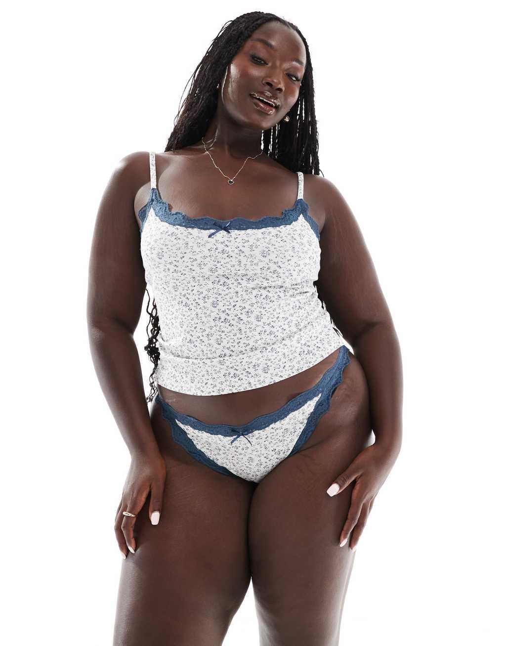 ASOS DESIGN Curve Cassie rib cami and briefs set in gray & navy ditsy print Product Image
