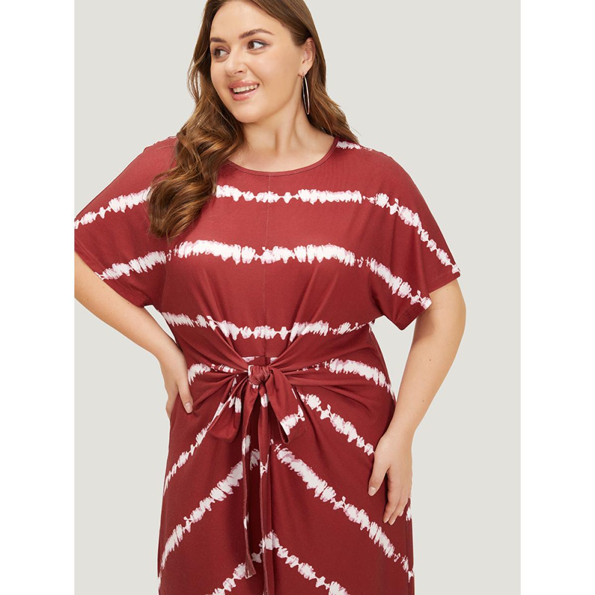 Plus Size Striped Print Batwing Sleeve Knot Front Tie Dye Dress Burgundy Women Casual Cross straps Round Neck Short sleeve Curvy Knee Dress BloomChic 10/M Product Image
