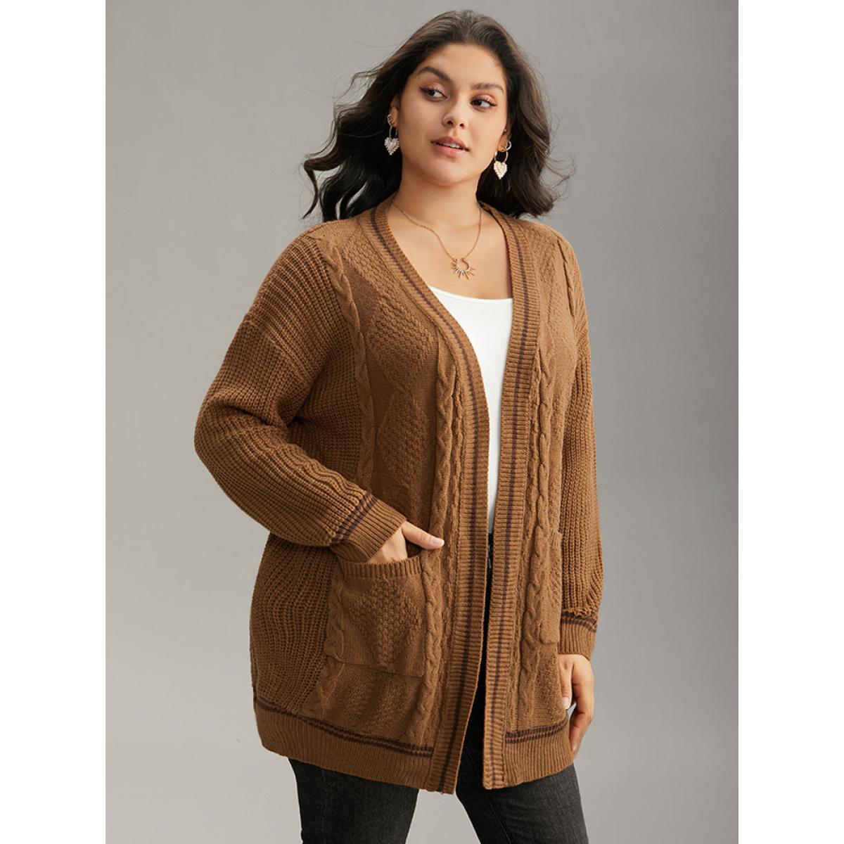 Plus Size Plain Cable Knit Pocket Open Front Cardigan Bronze Women Casual Loose Long Sleeve Dailywear Cardigans BloomChic 14-16/1X Product Image