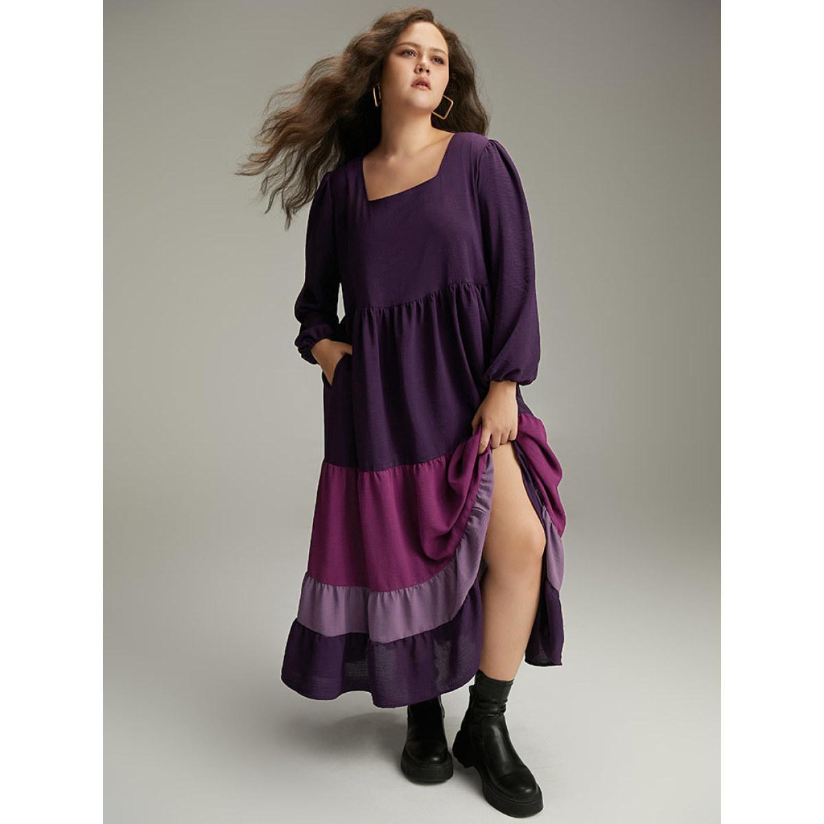 Plus Size Colorblock Contrast Square Neck Ruffle Layered Hem Dress Eggplant Women Casual Elastic cuffs Square Neck Long Sleeve Curvy Long Dress BloomChic 30/6X Product Image