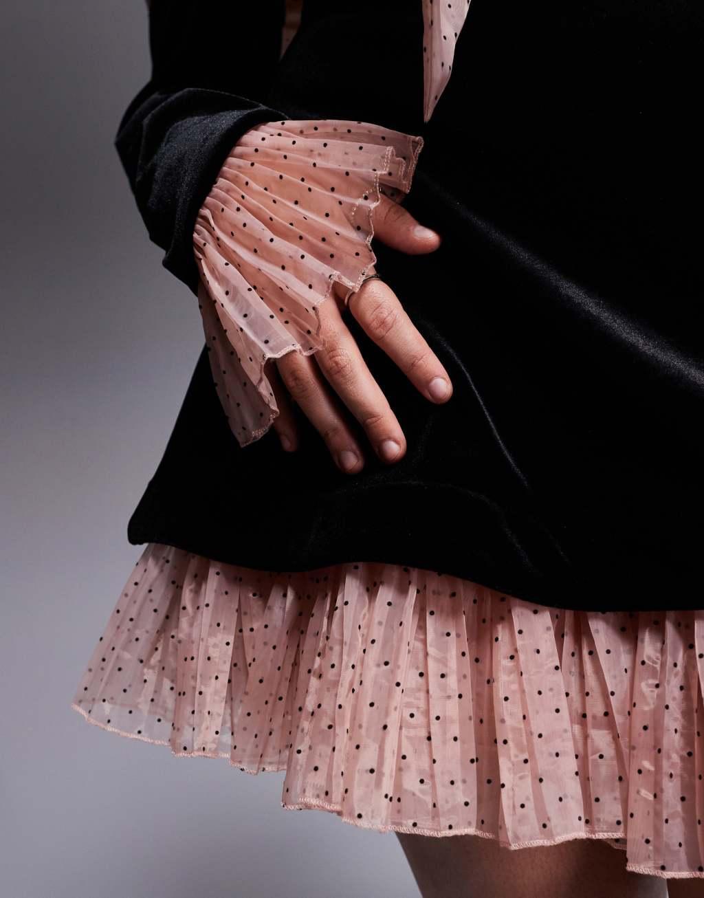 ASOS LUXE Curve velvet bardot mini dress with pleated textured organza in black Product Image