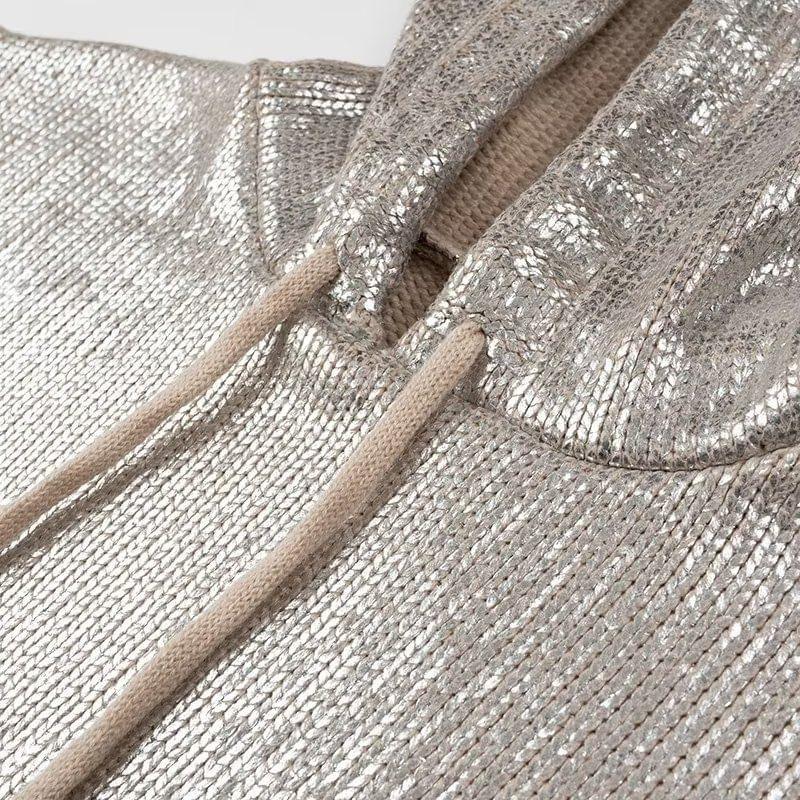 Metallic Drawstring Knit Hoodie Product Image