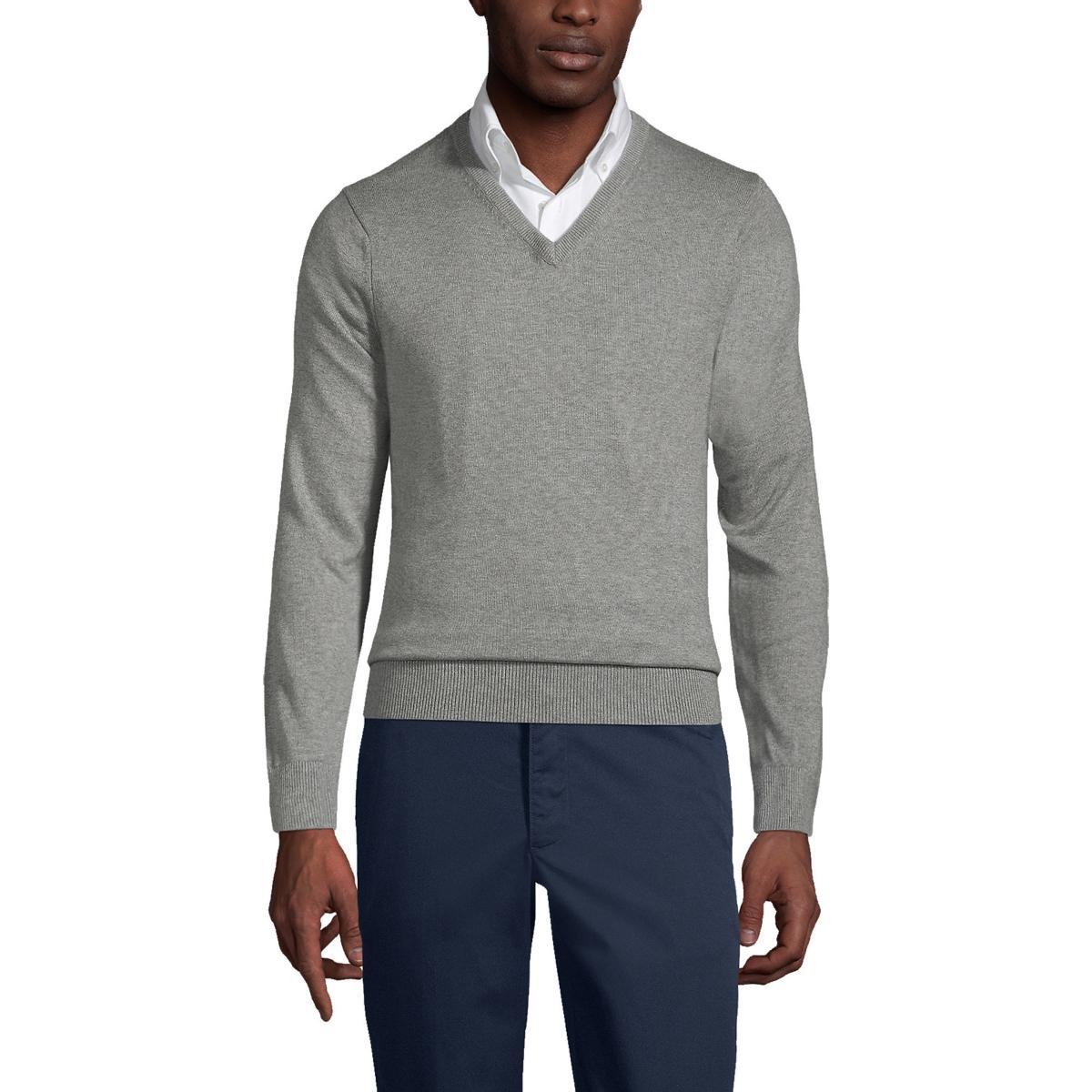 Men's Lands' End School Uniform Fine Gauge V-neck Sweater, Size: Small, Coal Grey Product Image