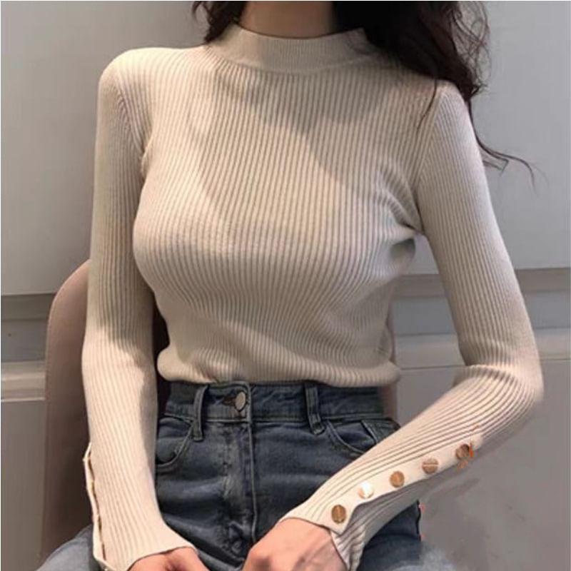 Long-Sleeve Crew Neck Plain Ribbed Knit Top Product Image