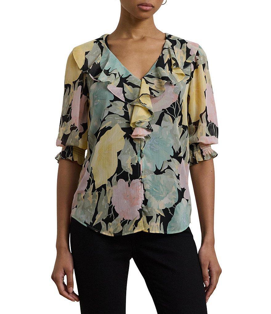 Lauren Ralph Lauren Floral Crinkle Georgette V-Neck Ruffle Trim Blouse Product Image