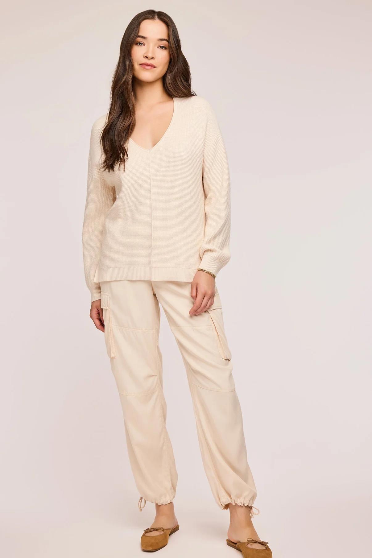 Lisbon V-Neck Knit Sweater- Cream Product Image