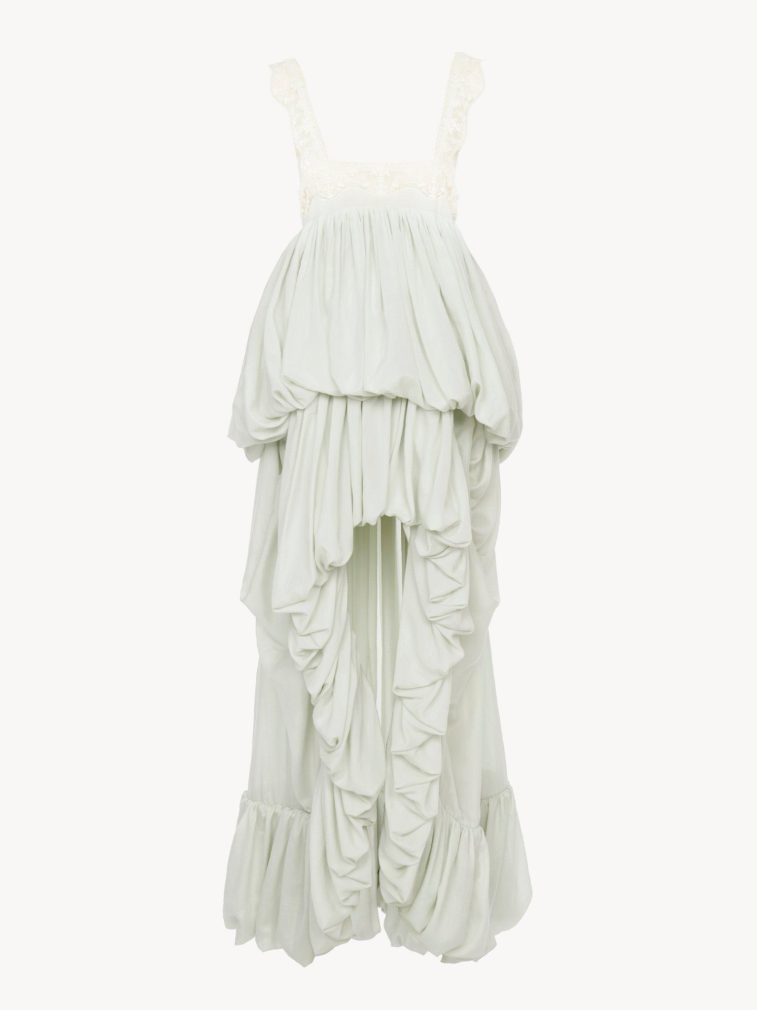 High-low ruffled dress in silk habotai & lace Product Image