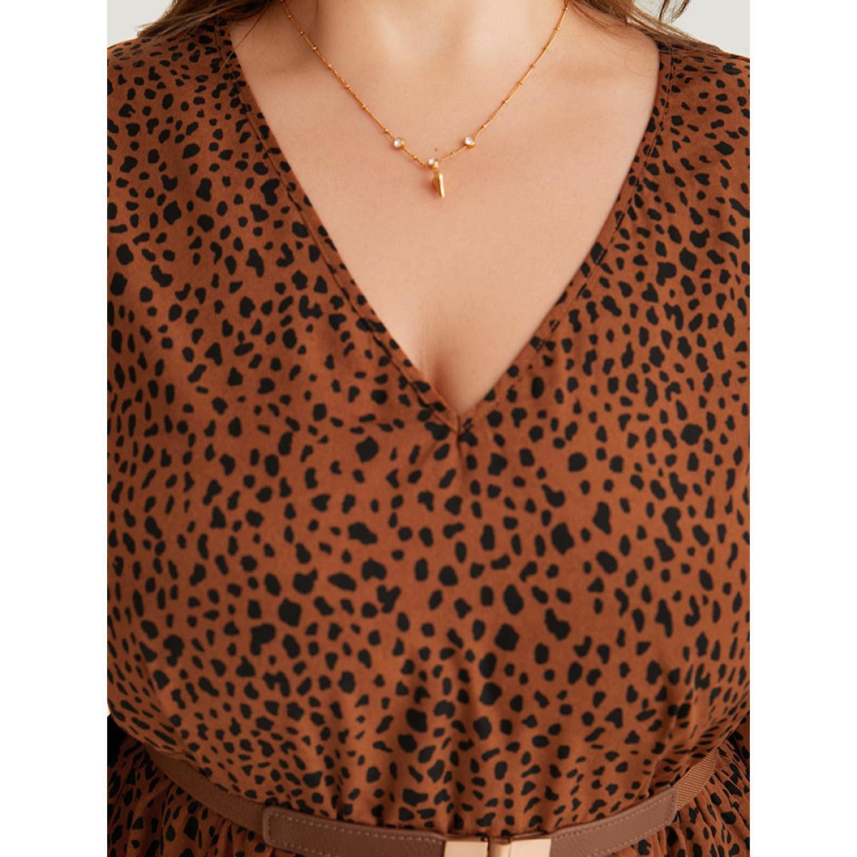 Plus Size Leopard Lantern Sleeve V Neck Pocket Dress Chocolate Women Elegant Elastic cuffs V-neck Long Sleeve Curvy Midi Dress BloomChic 26/4X Product Image