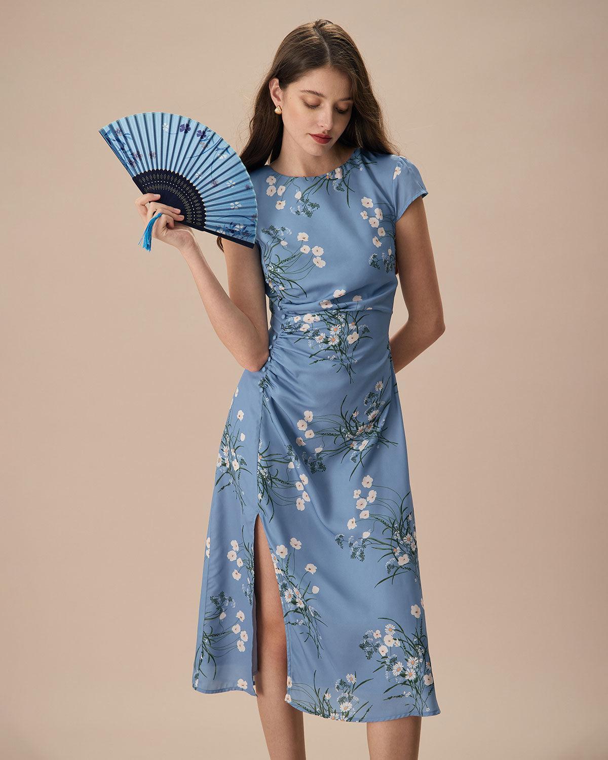 The Blue Round Neck Slit Floral Midi Dress Product Image