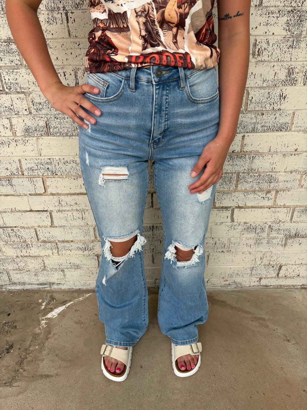 L&B Light Wash High Rise Distressed Bootcut Jeans Product Image