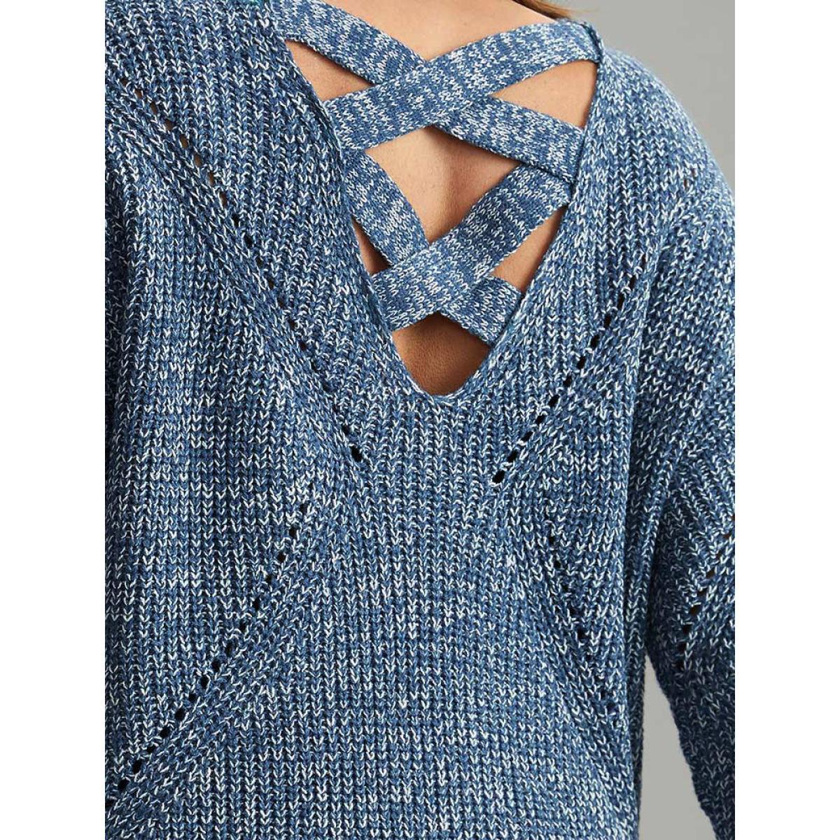 Plus Size Heather Elastic Cuffs Cut Out Pullover Stone Women Casual Loose Long Sleeve V-neck Dailywear Pullovers BloomChic 14-16/1X Product Image