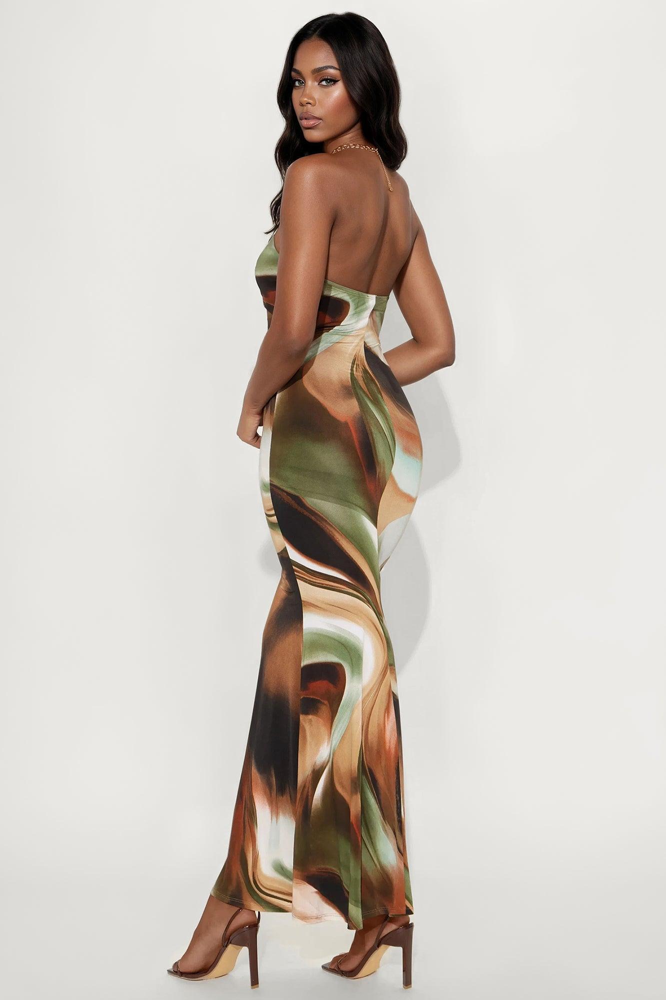 Mikah Chain Strap Abstract Maxi Dress - Olive/combo Product Image