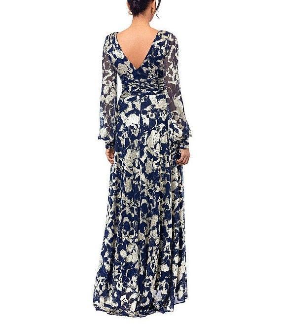 Betsy & Adam Petite Size Metallic Crinkle Foil Mesh Long Sleeve Gown Product Image