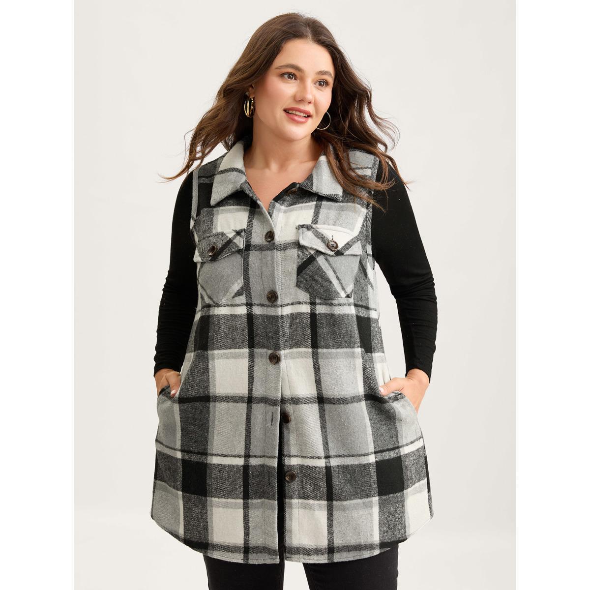 Plus Size Plaid Flap Detail Sleeveless Jacket Women Black Button Side seam pocket Everyday Jackets BloomChic 28/5X Product Image