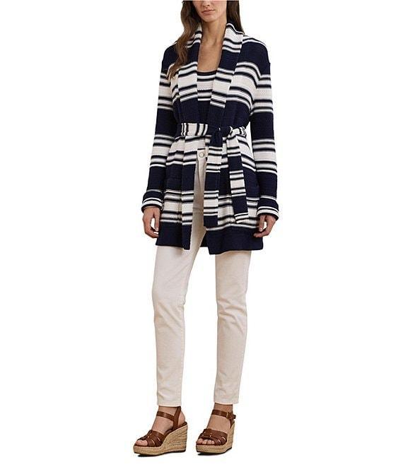 Lauren Ralph Lauren Cotton-Blend Stripe Shawl Collar Long Sleeve Belted Cardigan Product Image