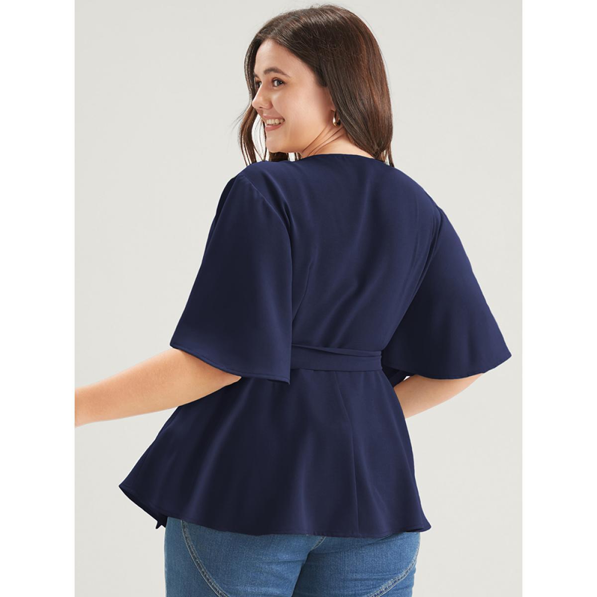 Plus Size Indigo Plain Ruffles Button Belted Wrap Babydoll Blouse Women Elegant Short sleeve V-neck Dailywear Blouses BloomChic 30/6X Product Image