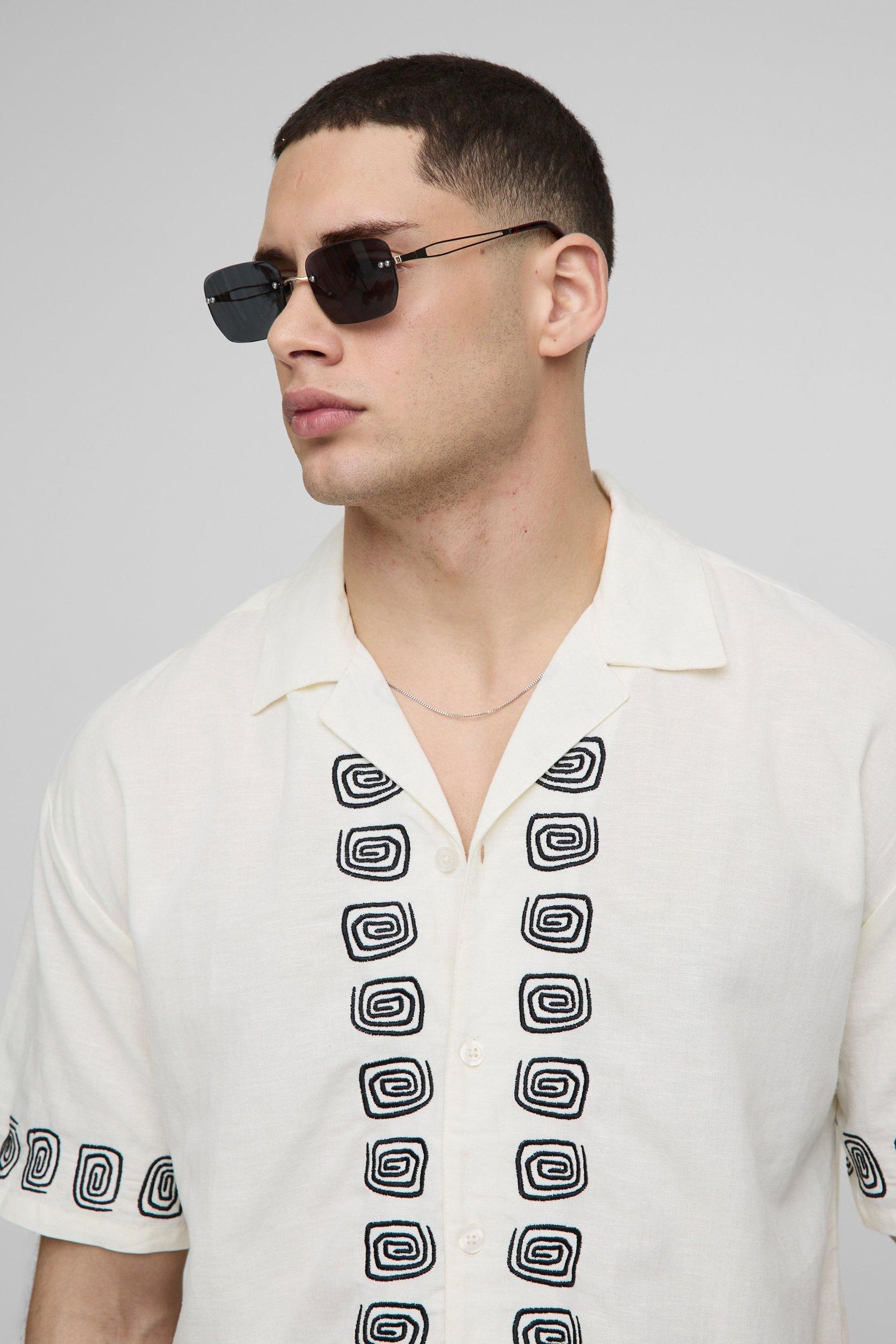 Oversized Embroidery Linen Blend Shirt & Short Set | boohooMAN USA Product Image