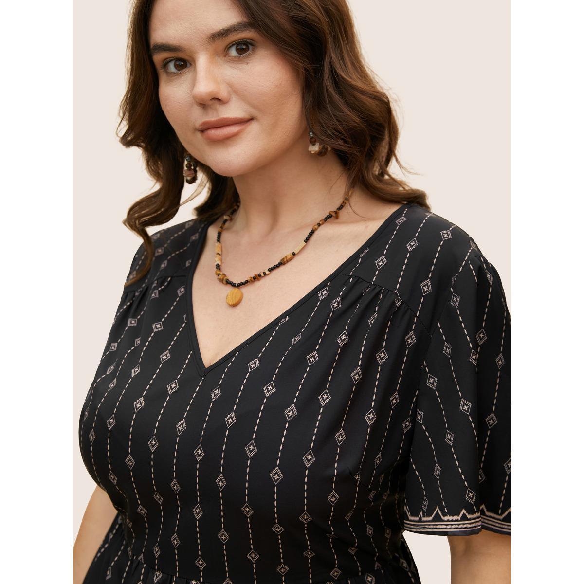 Plus Size Black V Neck Boho Print Flutter Sleeve Blouse Women Resort Short sleeve V-neck Vacation Blouses BloomChic 12/L Product Image