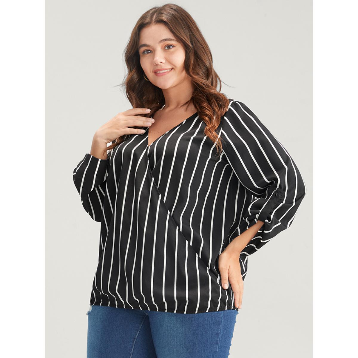 Plus Size Black Striped Wrap Cuffed Sleeve Blouse Women Office Long Sleeve V-neck Work Blouses BloomChic 18-20/2X Product Image