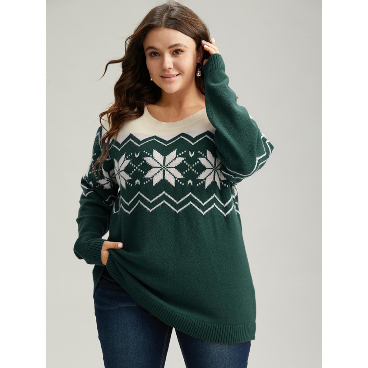 Plus Size Supersoft Essentials Snowflake Colorblock Pullover DarkGreen Women Casual Loose Long Sleeve Round Neck Festival-Christmas Pullovers BloomChic 18-20/2X Product Image