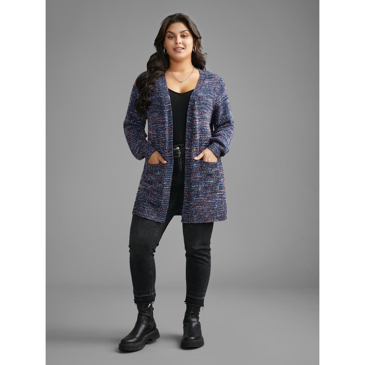 Plus Size Contrast Heather Texture Patch Pocket Cardigan Aegean Women Casual Loose Long Sleeve Everyday Cardigans BloomChic 18-20/2X Product Image