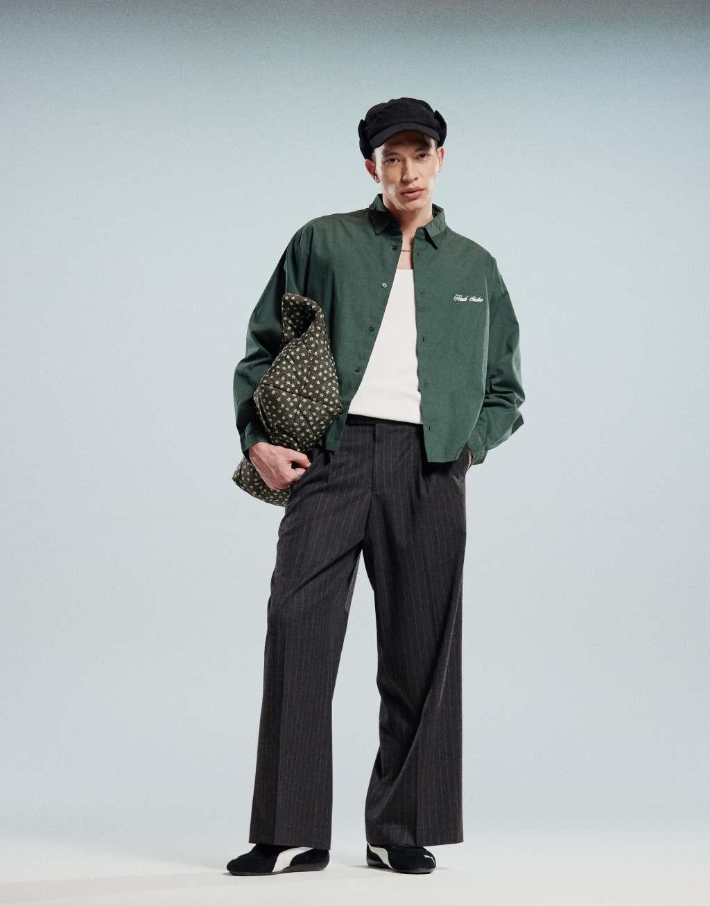 ASOS DESIGN boxy oversized shirt with chest embroidery in green Product Image