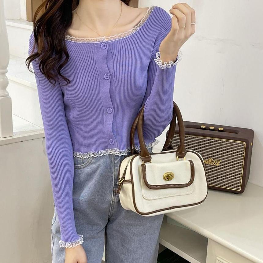 Long Sleeve Scoop Neck Plain Lace Trim Crop Cardigan Product Image